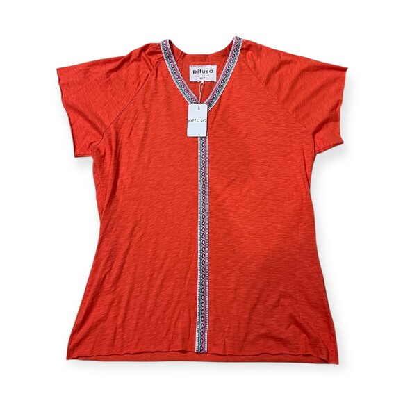 Pitusa Petite Cotton Modal Dress NWT – Orange V-Neck Trimmed Kaftan Tunic Resort - Picture 1 of 7